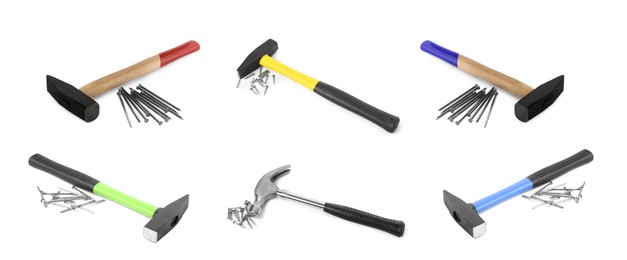 Image of Collage with different hammers and metal nails on white background