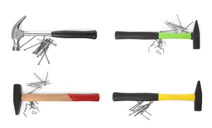 Image of Collage with different hammers and metal nails on white background, top view