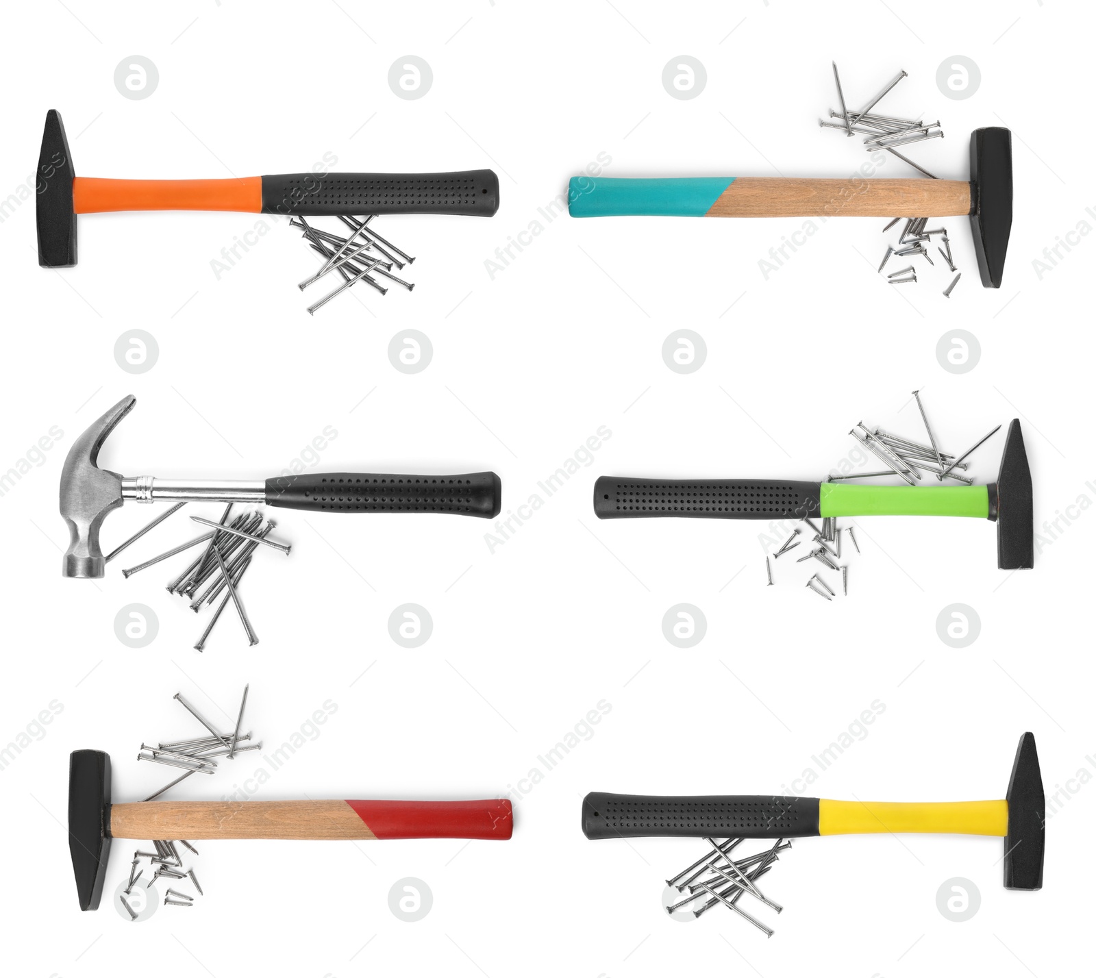 Image of Collage with different hammers and metal nails on white background, top view