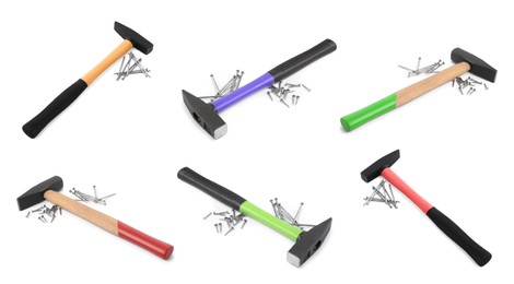 Image of Collage with different hammers and metal nails on white background