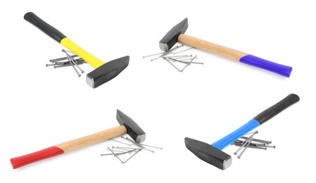 Image of Collage with different hammers and metal nails on white background