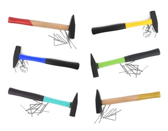 Image of Collage with different hammers and metal nails on white background, top view