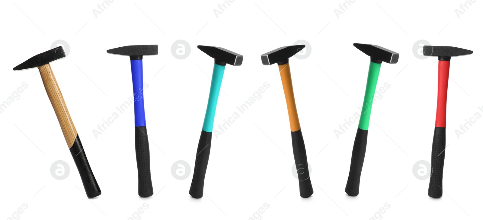 Image of Collage with different hammers on white background