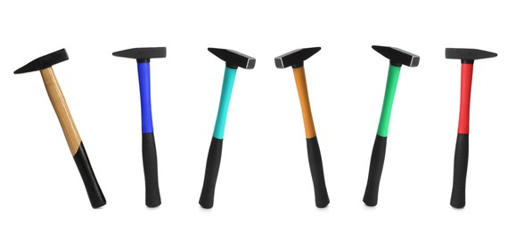 Image of Collage with different hammers on white background