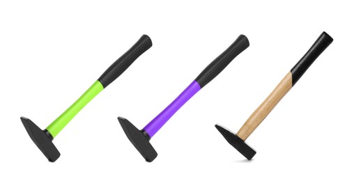 Image of Three different hammers on white background, set