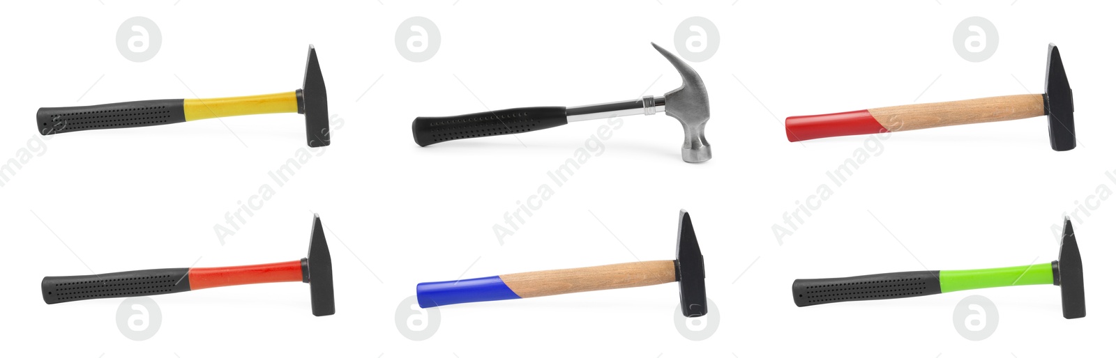 Image of Collage with different hammers on white background