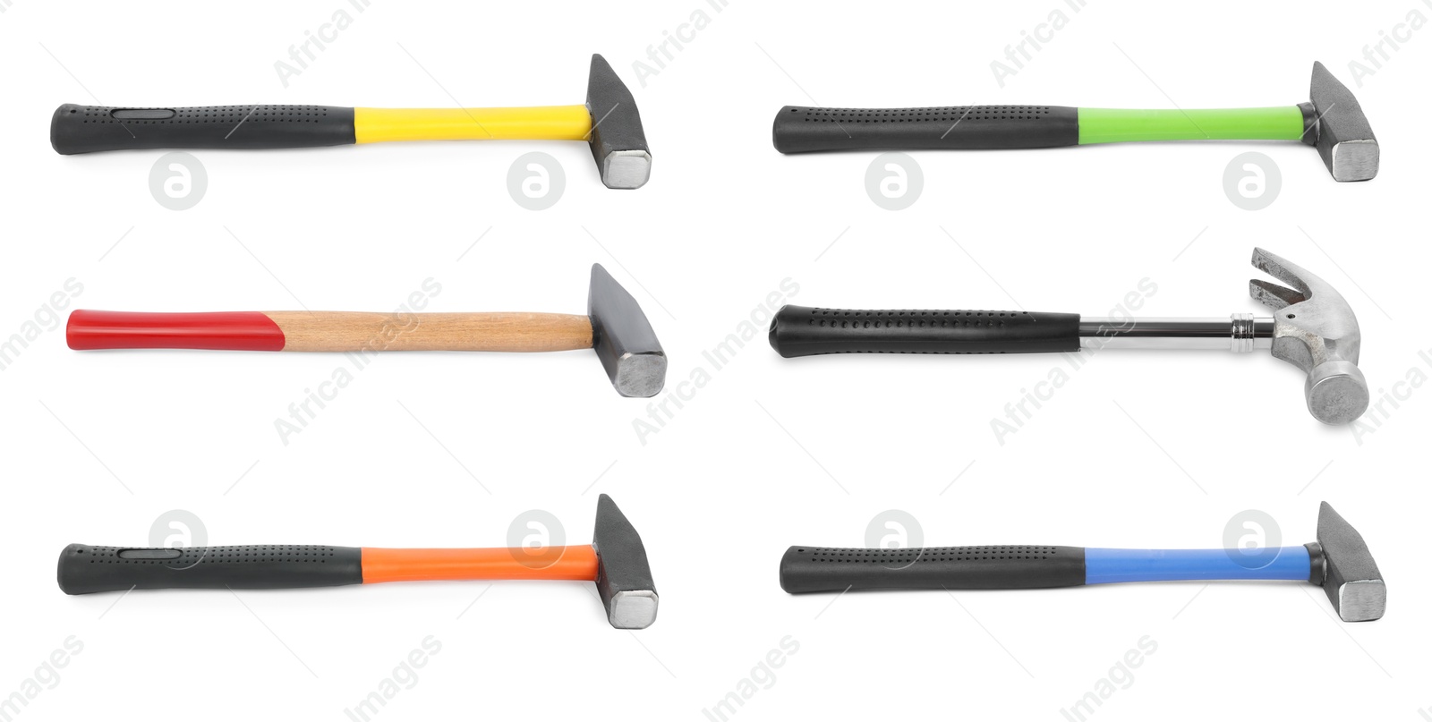 Image of Collage with different hammers on white background