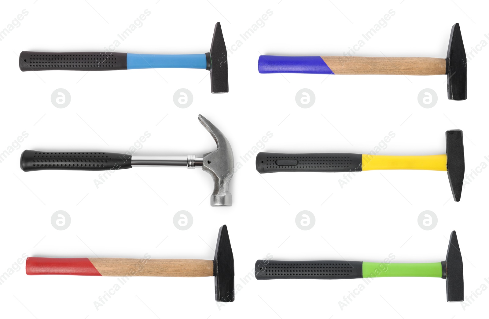 Image of Collage with different hammers on white background, top view