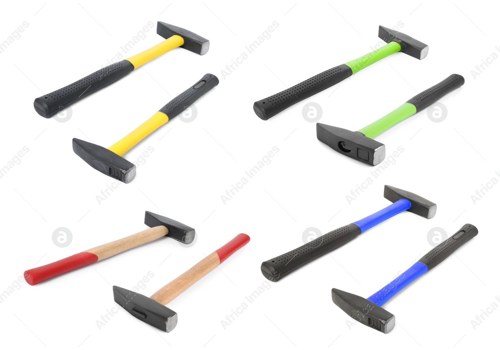 Image of Collage with different hammers on white background