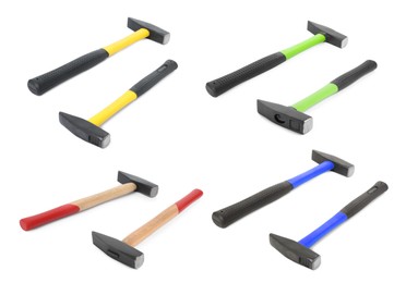 Image of Collage with different hammers on white background