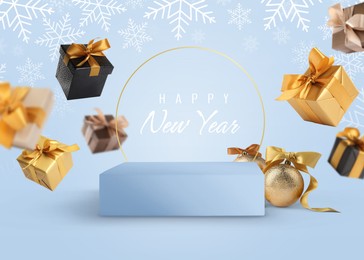 Image of Stylish New Year greeting card design with snowflakes, podium and falling gift boxes on light blue background