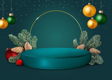 Image of Stage for stylish presentation with Christmas balls, empty podium and gift boxes on teal background. New Year poster or sale flyer design