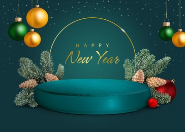 Image of Stylish New Year greeting card design with Christmas balls, snowflakes and podium on teal background