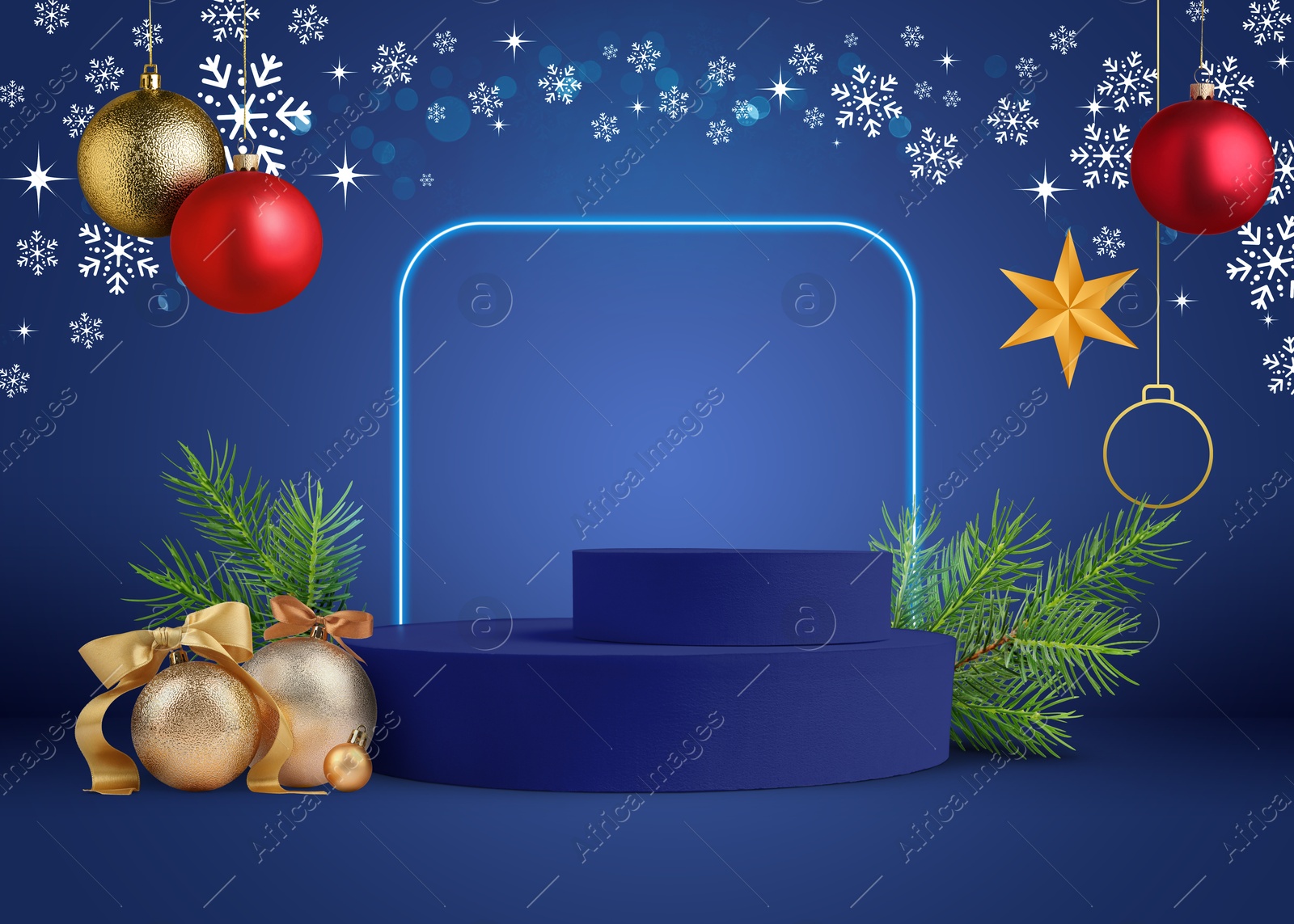Stage for stylish presentation with Christmas balls, snowflakes, empty podium and fir tree branches on blue background. New Year poster or sale flyer design Image of Stage for stylish presentation with Christmas balls, snowflakes, empty podium and fir tree branches on blue background. New Year poster or sale flyer design