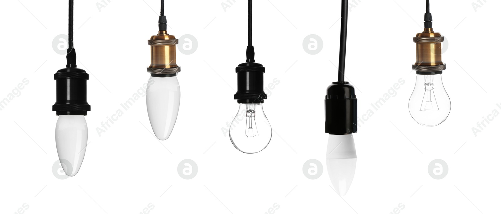 Image of Different incandescent light bulbs on white background