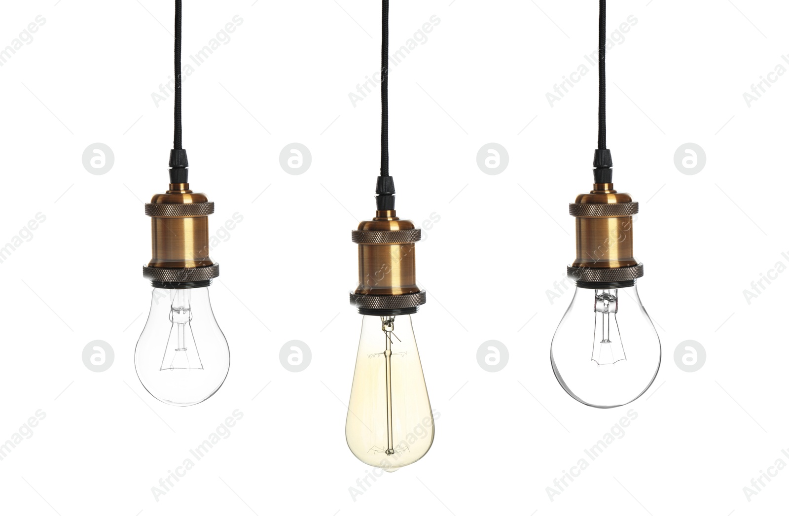 Image of Different incandescent light bulbs on white background