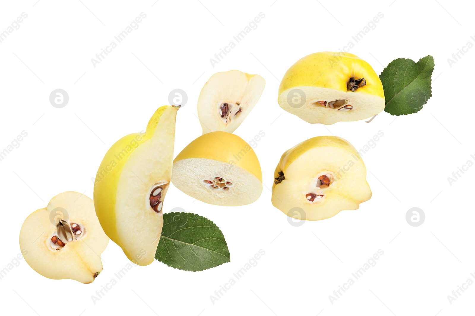 Image of Pieces of fresh quinces and green leaves flying on white background