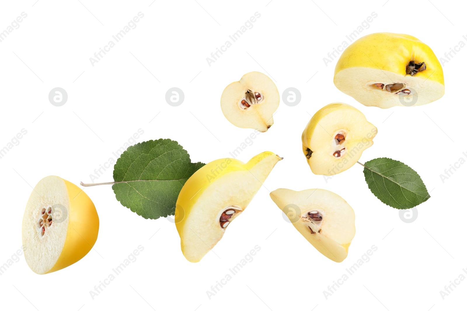 Image of Pieces of fresh quinces and green leaves flying on white background