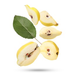 Image of Pieces of quinces and green leaf falling on white background