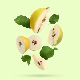 Image of Pieces of fresh quinces and leaves falling on light green background