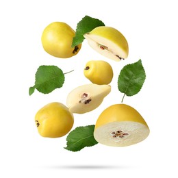 Image of Fresh quinces and green leaves falling on white background