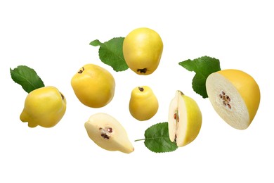 Image of Fresh quinces and green leaves flying on white background