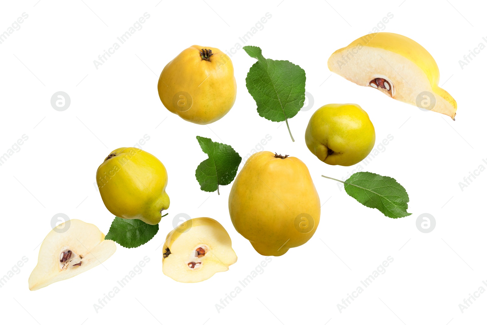 Image of Fresh quinces and green leaves flying on white background