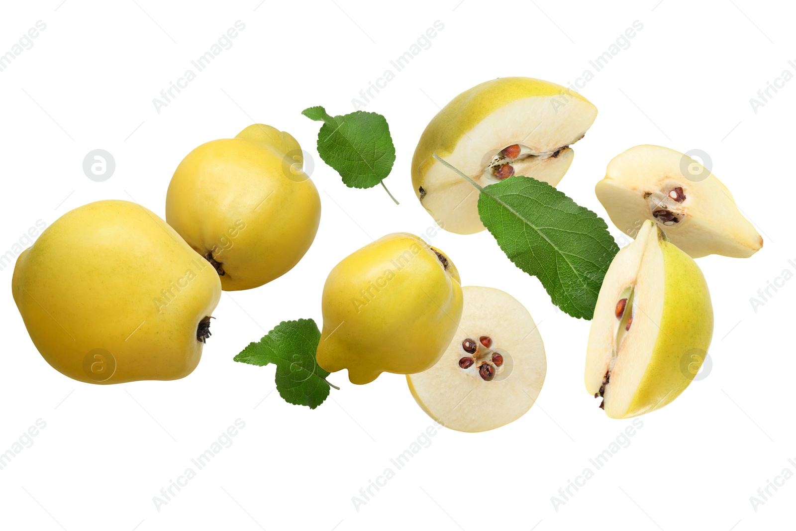 Image of Fresh quinces and green leaves flying on white background