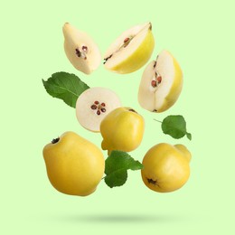 Image of Fresh quinces and leaves falling on light green background