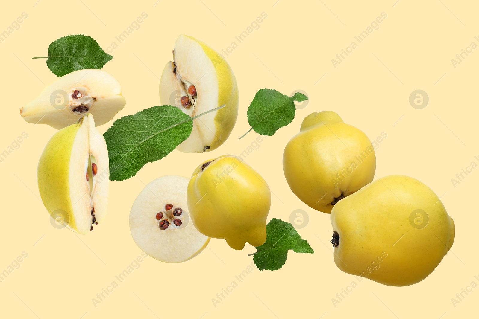 Image of Fresh quinces and green leaves flying on pale yellow background