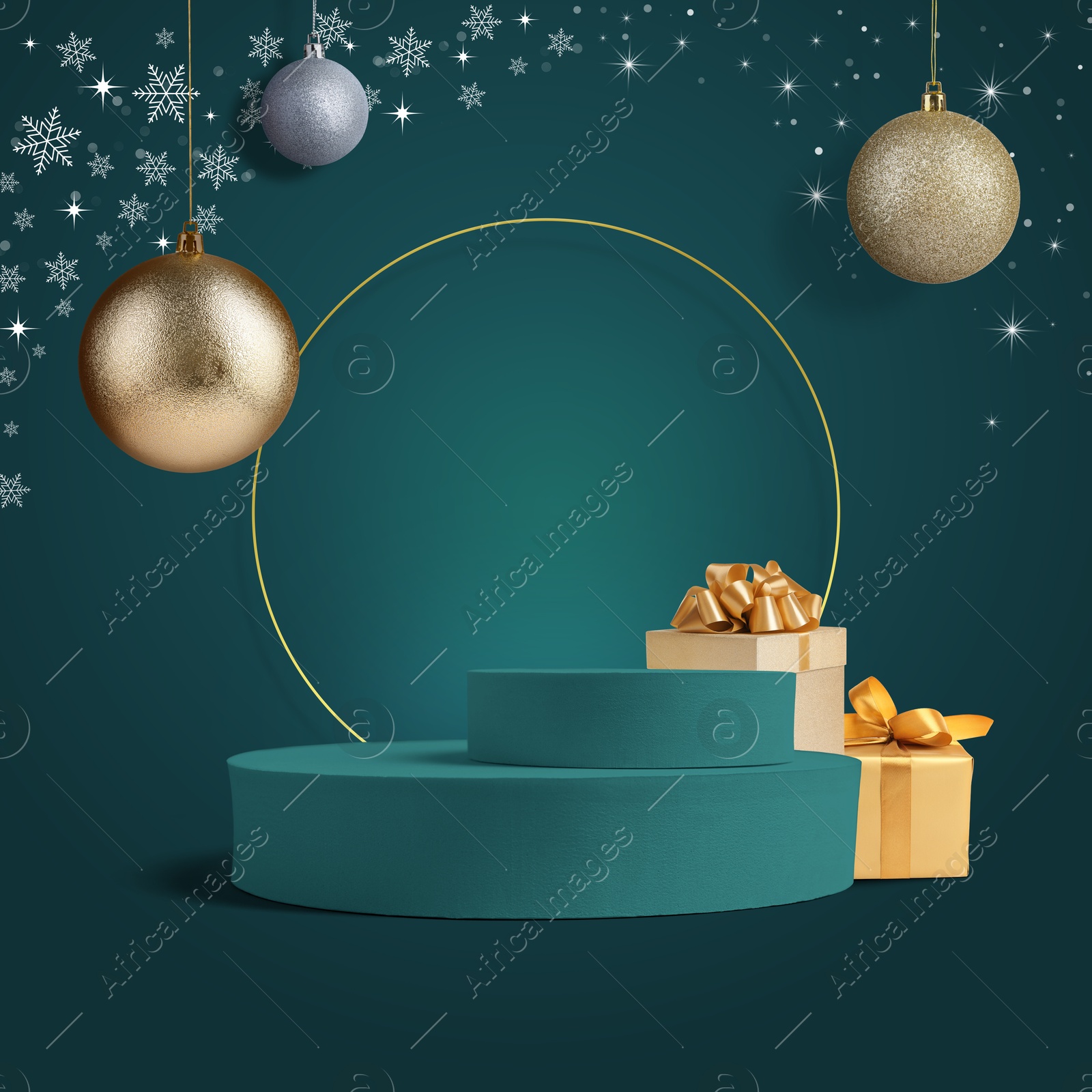 Christmas balls and snowflakes over empty podium and gift boxes on teal background. Stage for stylish presentation. New Year poster or sale flyer design Image of Christmas balls and snowflakes over empty podium and gift boxes on teal background. Stage for stylish presentation. New Year poster or sale flyer design