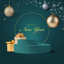 Image of Stylish New Year greeting card design. Christmas balls and snowflakes over podium and gift boxes on teal background
