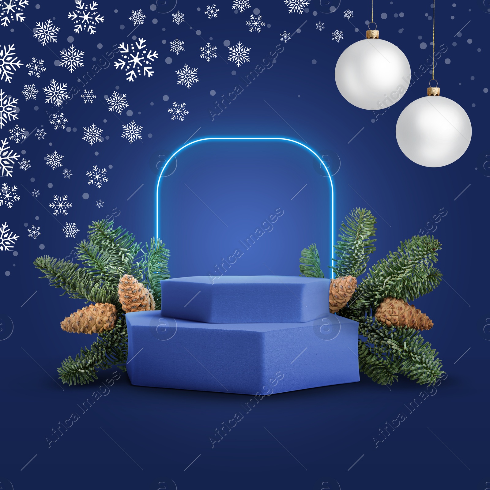 Christmas balls and snowflakes over empty podium and fir tree branches on blue background. Stage for stylish presentation. New Year poster or sale flyer design Image of Christmas balls and snowflakes over empty podium and fir tree branches on blue background. Stage for stylish presentation. New Year poster or sale flyer design