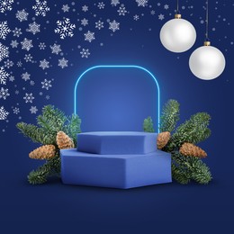 Image of Christmas balls and snowflakes over empty podium and fir tree branches on blue background. Stage for stylish presentation. New Year poster or sale flyer design