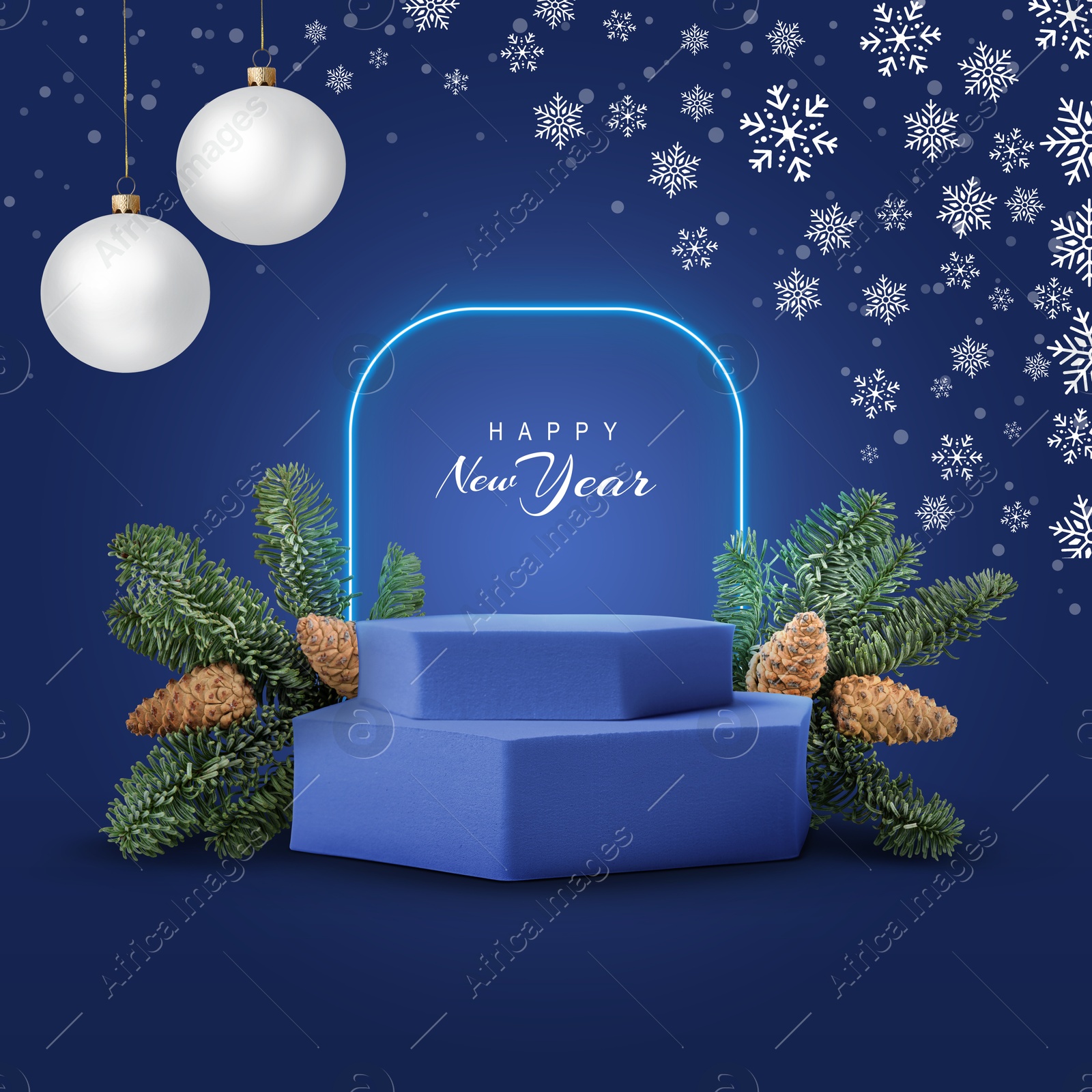Stylish New Year greeting card design. Christmas balls and snowflakes over podium and fir tree branches on blue background Image of Stylish New Year greeting card design. Christmas balls and snowflakes over podium and fir tree branches on blue background