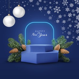 Image of Stylish New Year greeting card design. Christmas balls and snowflakes over podium and fir tree branches on blue background