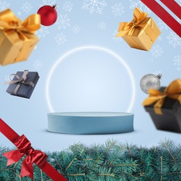 Image of Christmas balls and gift boxes falling against empty podium on light blue background. Stage for stylish presentation. New Year poster or sale flyer design