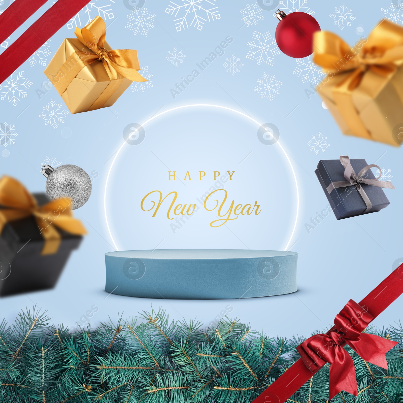 Stylish New Year greeting card design. Christmas balls and gift boxes falling against podium on light blue background Image of Stylish New Year greeting card design. Christmas balls and gift boxes falling against podium on light blue background
