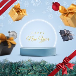 Image of Stylish New Year greeting card design. Christmas balls and gift boxes falling against podium on light blue background