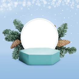 Image of Snowflakes over empty podium with fir tree branches on light blue background. Stage for stylish presentation. New Year poster or sale flyer design
