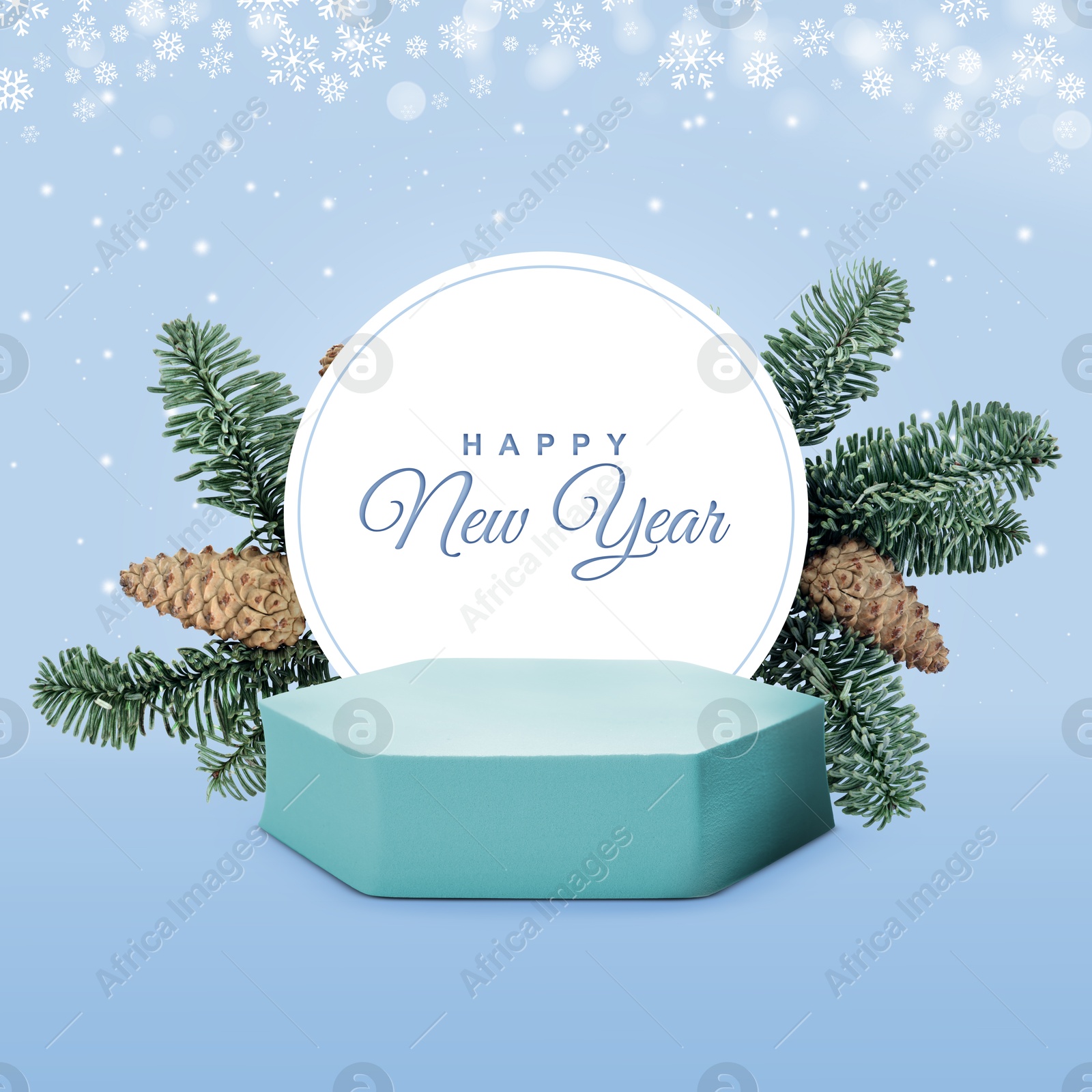 Stylish New Year greeting card design. Snowflakes over podium with fir tree branches on light blue background Image of Stylish New Year greeting card design. Snowflakes over podium with fir tree branches on light blue background