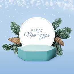 Image of Stylish New Year greeting card design. Snowflakes over podium with fir tree branches on light blue background