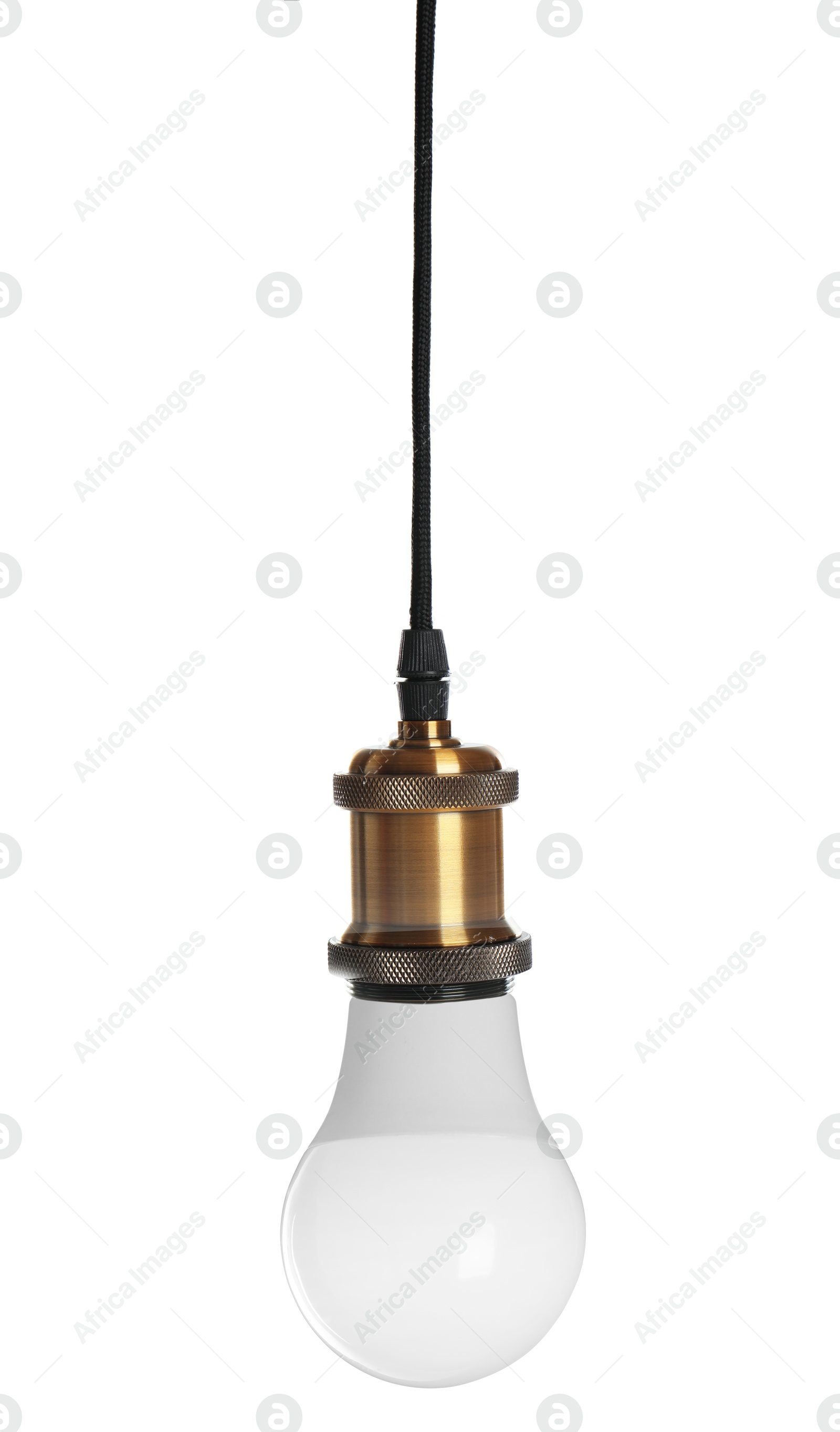 Image of One light bulb hanging on white background