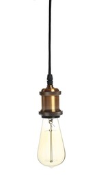 Image of One light bulb hanging on white background