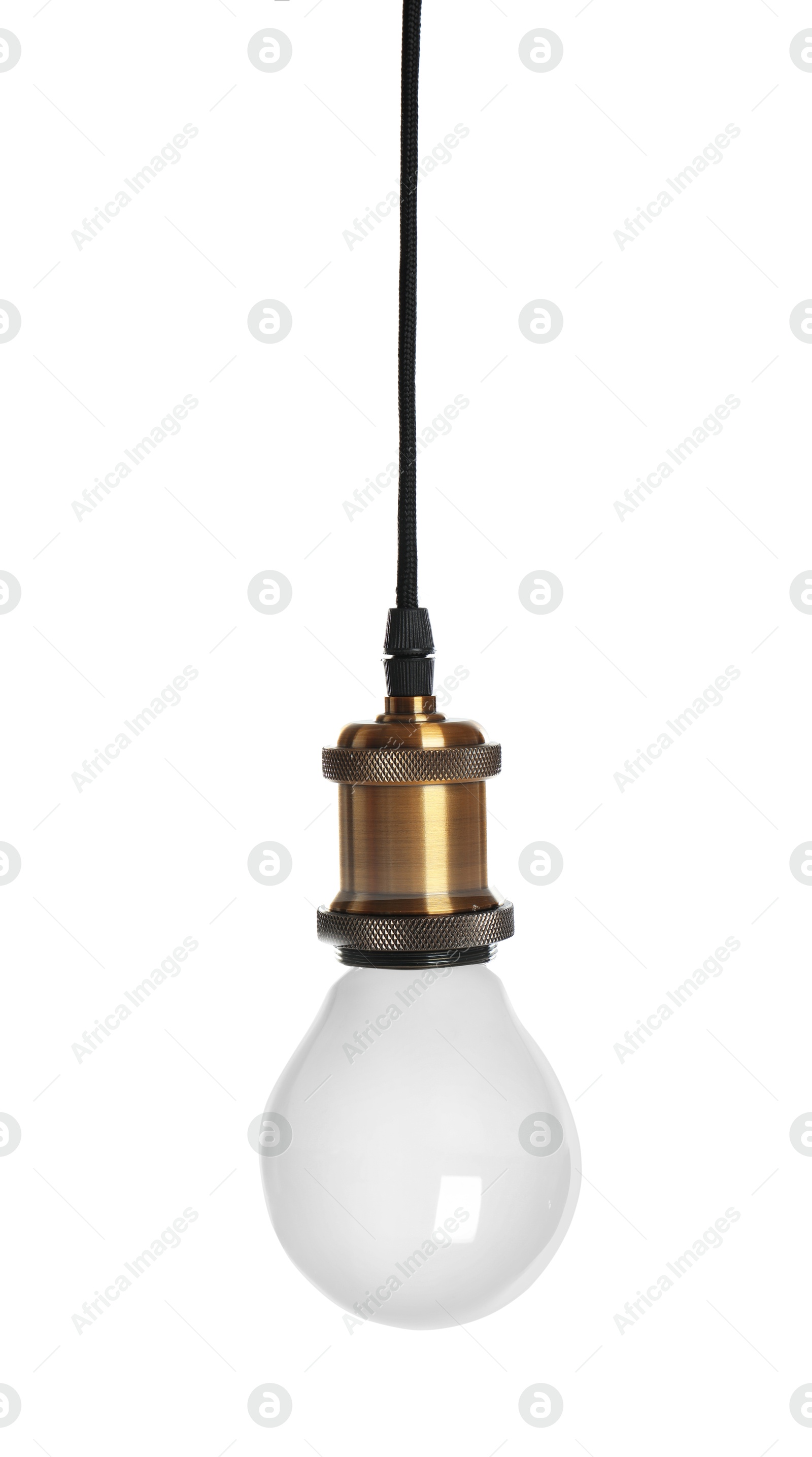 Image of One light bulb hanging on white background