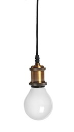 One light bulb hanging on white background