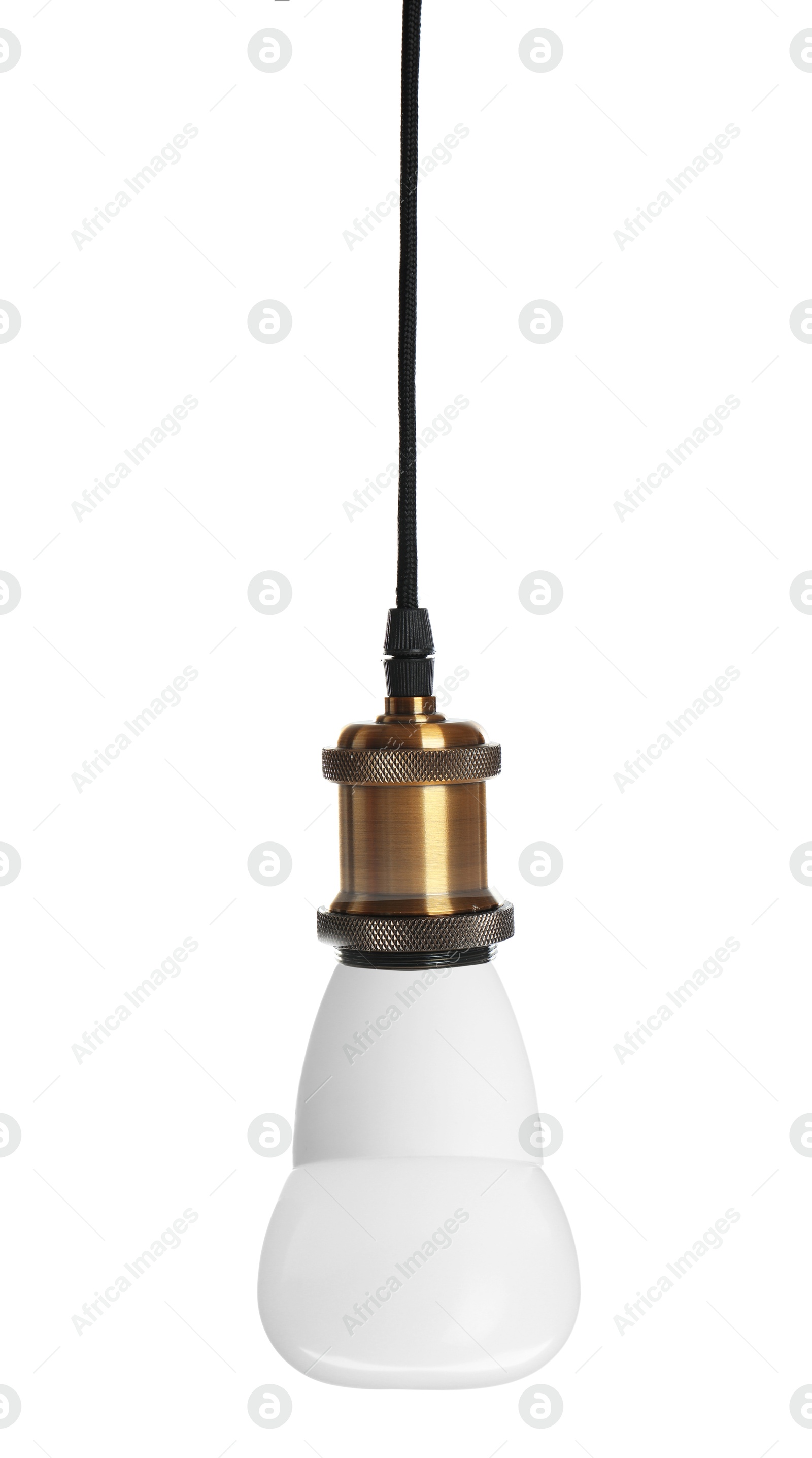 Image of One light bulb hanging on white background