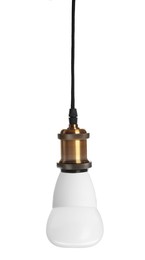 Image of One light bulb hanging on white background