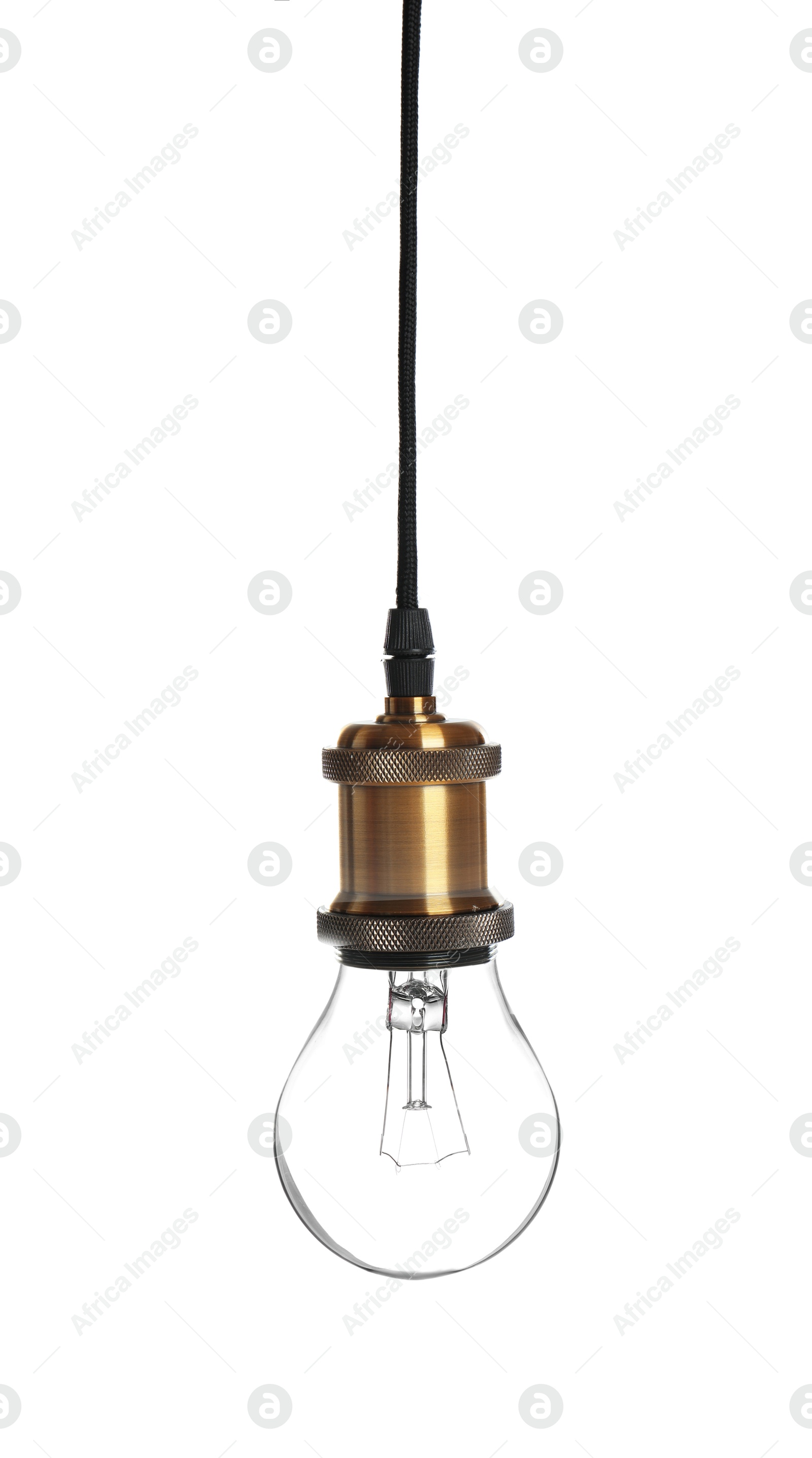 Image of One light bulb hanging on white background