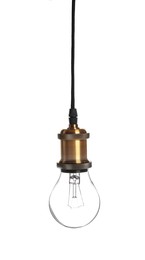 Image of One light bulb hanging on white background